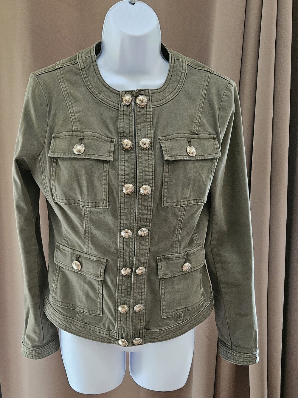 White House Black Market Olive Green Military Utility Jacket Gold Buttons